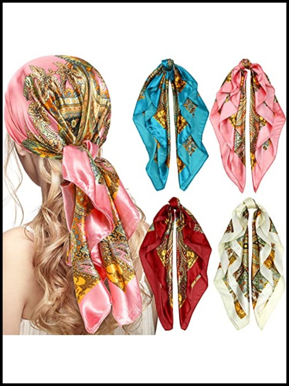 Satin Head Scarf Bandanas 4 Pc 35 Inch Square Hair Wrap
